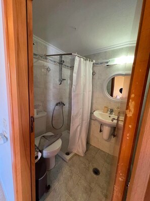 Kylpyhuone, jossa on suihku, wc, pesuallas ja peili.