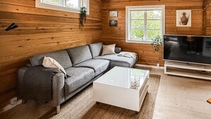 Interior de una cabaña de madera con un sofá gris, una mesa de centro blanca, un televisor y dos ventanas con plantas.