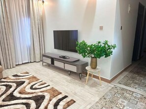 Ein modernes Wohnzimmer mit Flachbildfernseher, einer Couch, einem Couchtisch, einem gemusterten Teppich und einem Blumentopf.