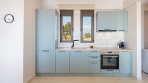 A modern kitchen with light blue cabinets, a stainless steel oven, a sink with a black faucet, and a window with a view of greenery. - Alekos Beach Houses-Glafki Villa (Kefalonia)