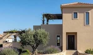 A modern building with a flat roof, a dark entrance door, and a small window on the upper level. - Alekos Beach Houses-Nereids Villas (Kefalonia)