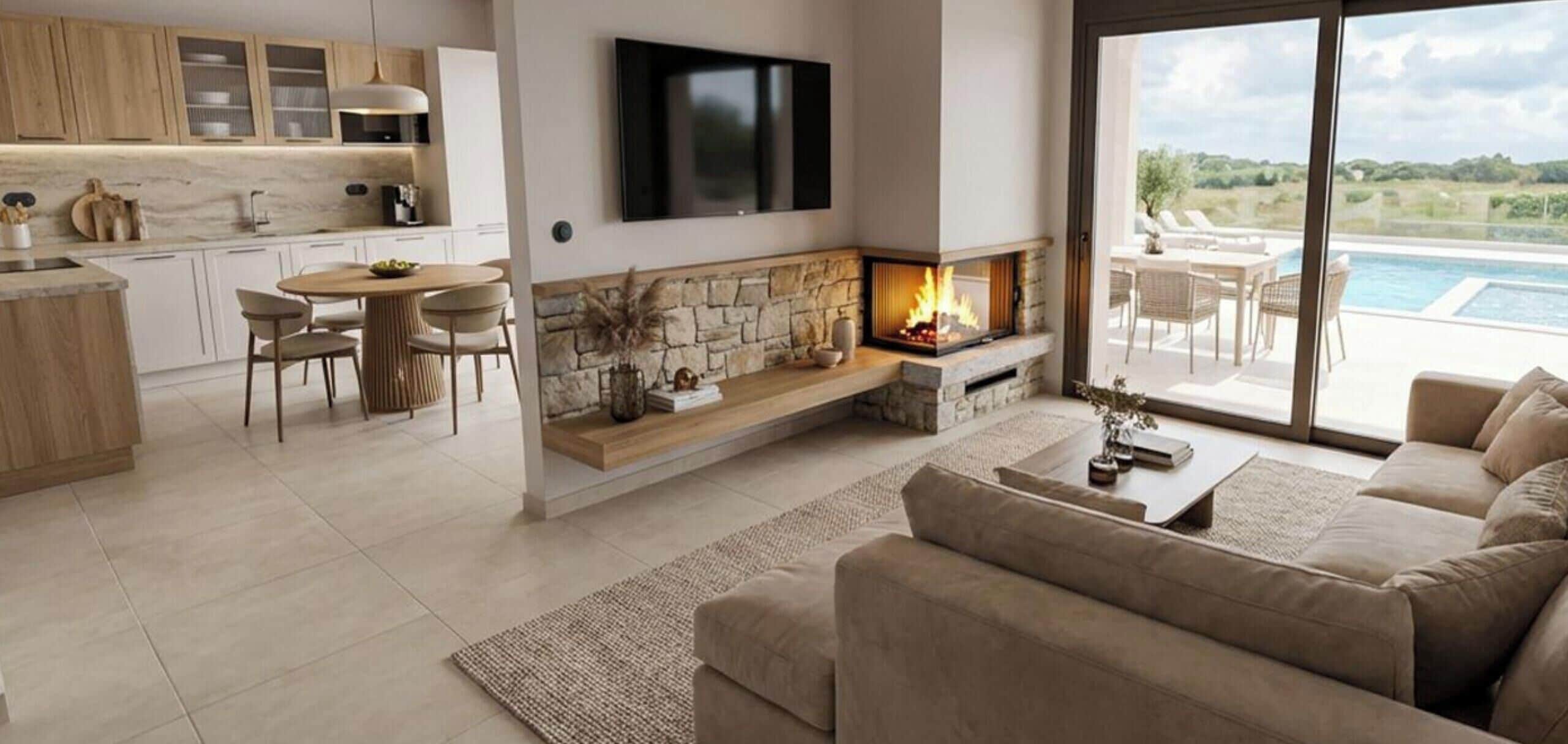 Un salon moderne avec une cheminée, un coin repas et une vue sur une piscine.