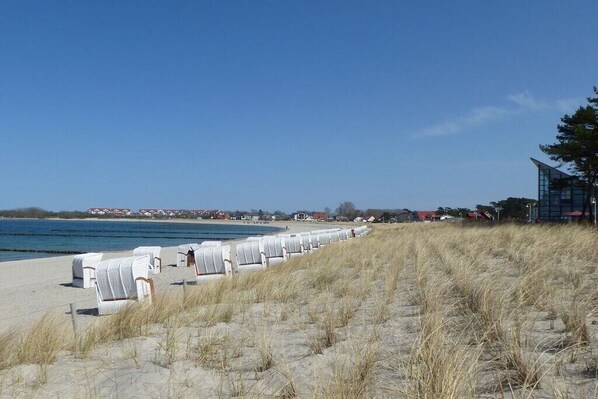 Ein Strand mit Reihen weißer Liegen und einem Gebäude im Hintergrund.