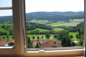 A view from a window overlooking a rural landscape with fields and houses. - Holiday apartment with 1 bedroom (Schönberg)