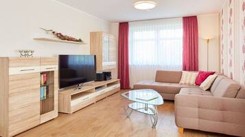 Smart-TV, DVD-Player, Bücher, Stereoanlage