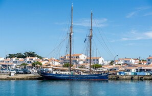Ein Hafen mit einem großen Segelschiff an einem Anlegesteg, umgeben von Wohnhäusern mit roten Ziegeldächern.