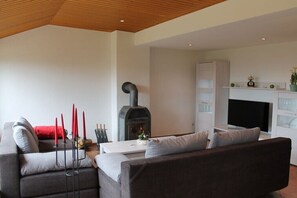 Ein modernes Wohnzimmer mit Kamin, einer Couch, einem Couchtisch und einem Fernseher.