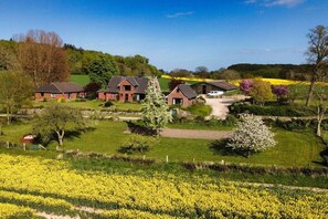 A rural setting with houses, a field of yellow flowers, and a clear sky. - Holiday home in Grebin with swimming pool (Grebin)