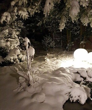 Ein verschneiter Außenbereich mit einem Weg, der hindurchführt, umgeben von schneebedeckten Bäumen und einem Vogelkäfig.