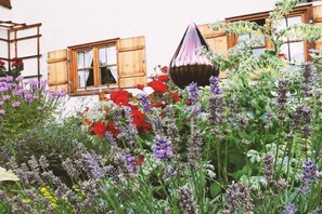 Ein Garten mit verschiedenen Blumen und ein Haus mit Holzhinterfenstern und einem Fenster.