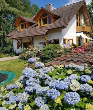 Ein zweistöckiges Haus mit einem geneigten Dach, einem Balkon und einem Garten mit Hortensien.