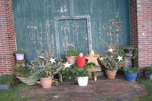 A rustic building with a weathered door, surrounded by potted plants and Christmas decorations. - "Röben Vegetable Farm" (Zetel)