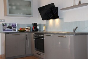 A modern kitchen with stainless steel appliances, a built-in oven, a coffee maker, and a glass backsplash. - Holiday home in Röbel with swimming pool (Röbel)