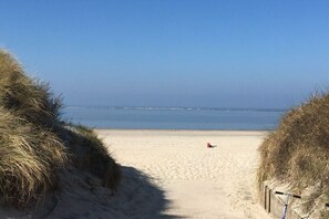 Ein Sandstrand mit Dünen an beiden Seiten und freiem Blick auf das Meer.