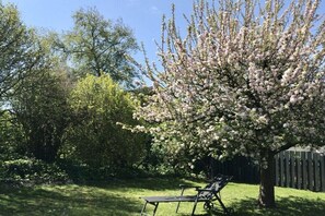 Ein Garten mit einem blühenden Baum, einem Holzzaun und einer Bank.