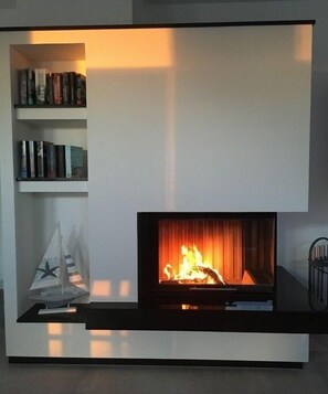 A modern living room with a fireplace, bookshelves, and a decorative sailboat. - Holiday home in Mellnitz with swimming pool (Mellnitz)