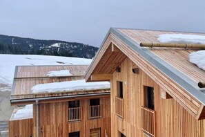 Eine Holzhütte mit geneigtem Dach, großen Fenstern und Blick auf schneebedeckte Berge.