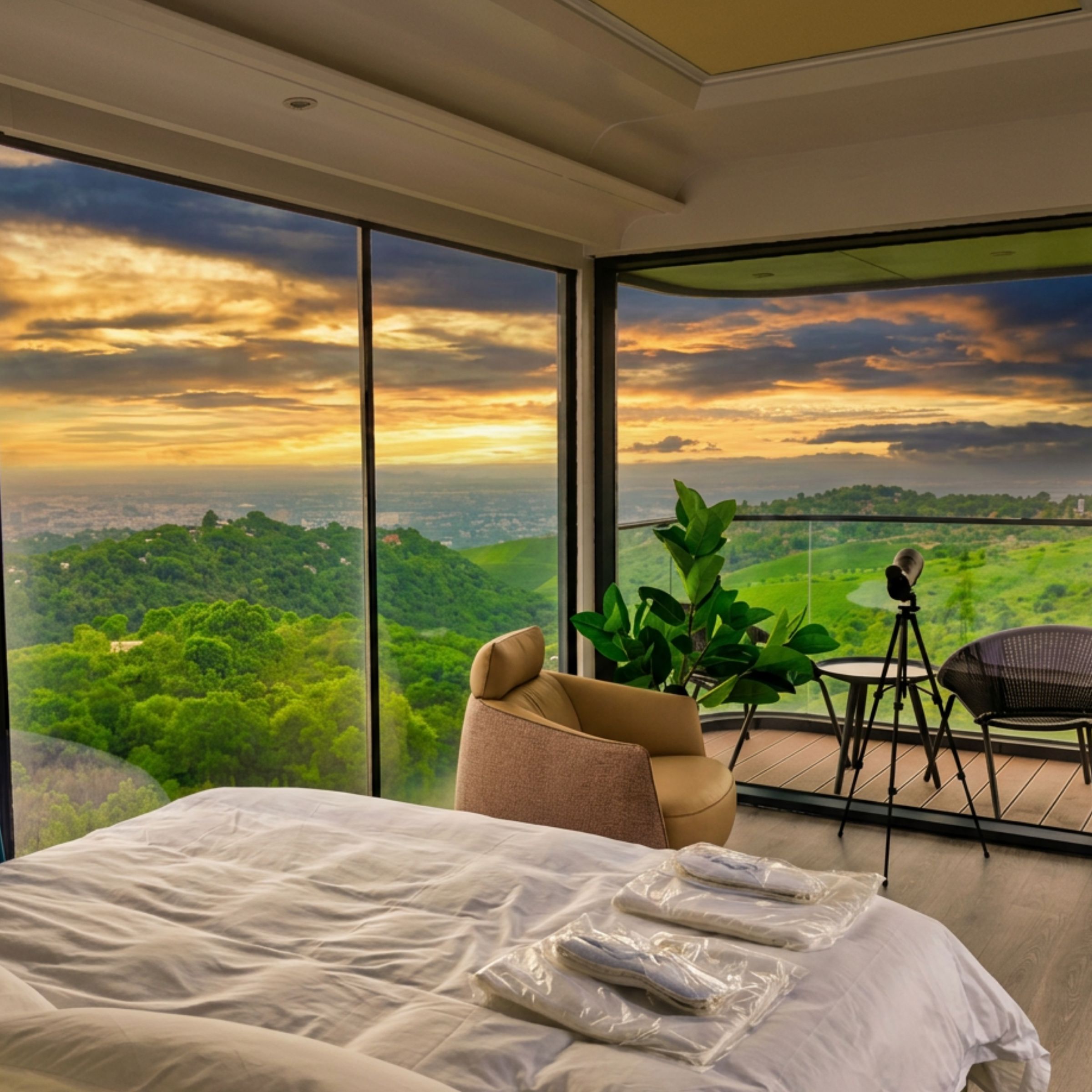 A bedroom with a large bed, a potted plant, a chair, and a small table.