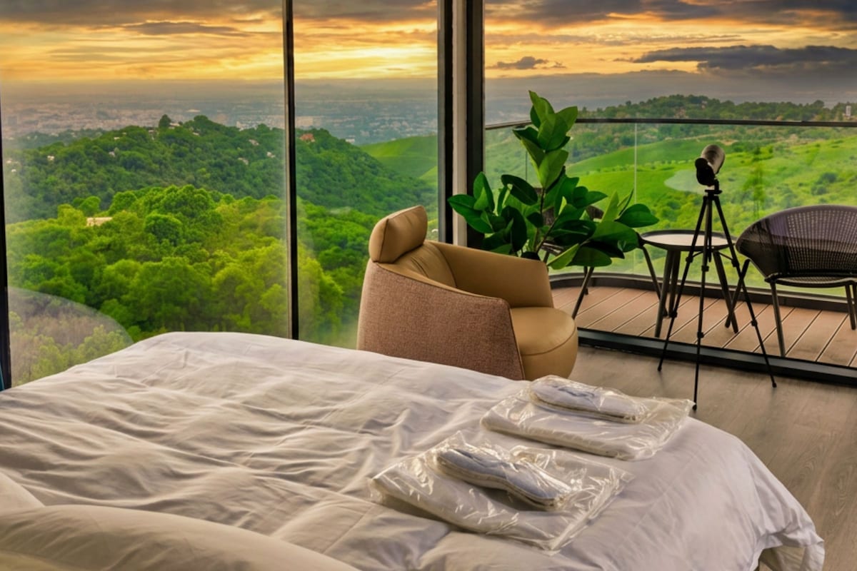 A bedroom with a large bed, a potted plant, a chair, and a small table.