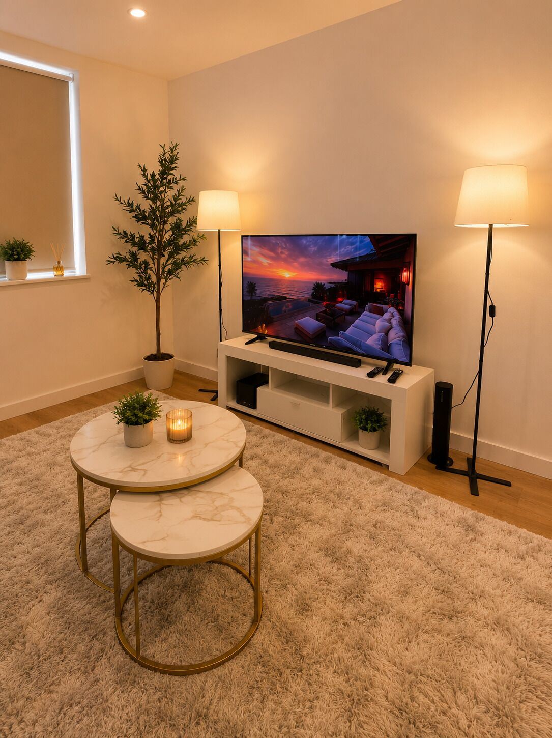 A modern living room with a flat-screen TV, two floor lamps, a marble coffee table, and a potted plant.