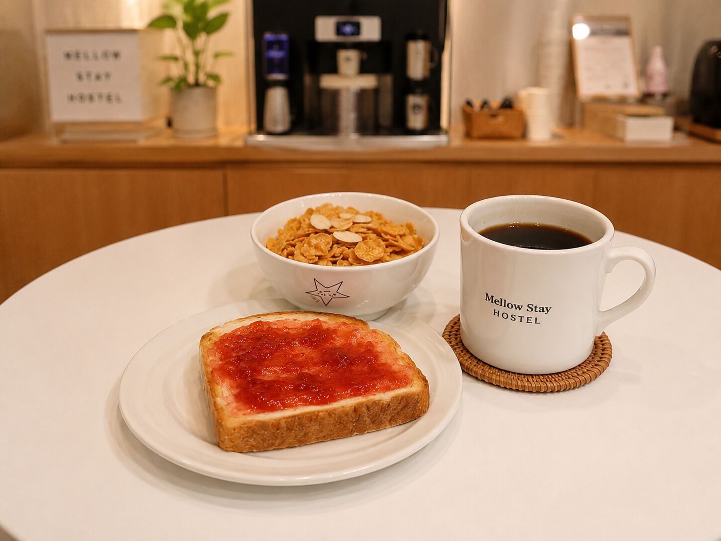 A breakfast setting with toast, cereal, and coffee on a white table.