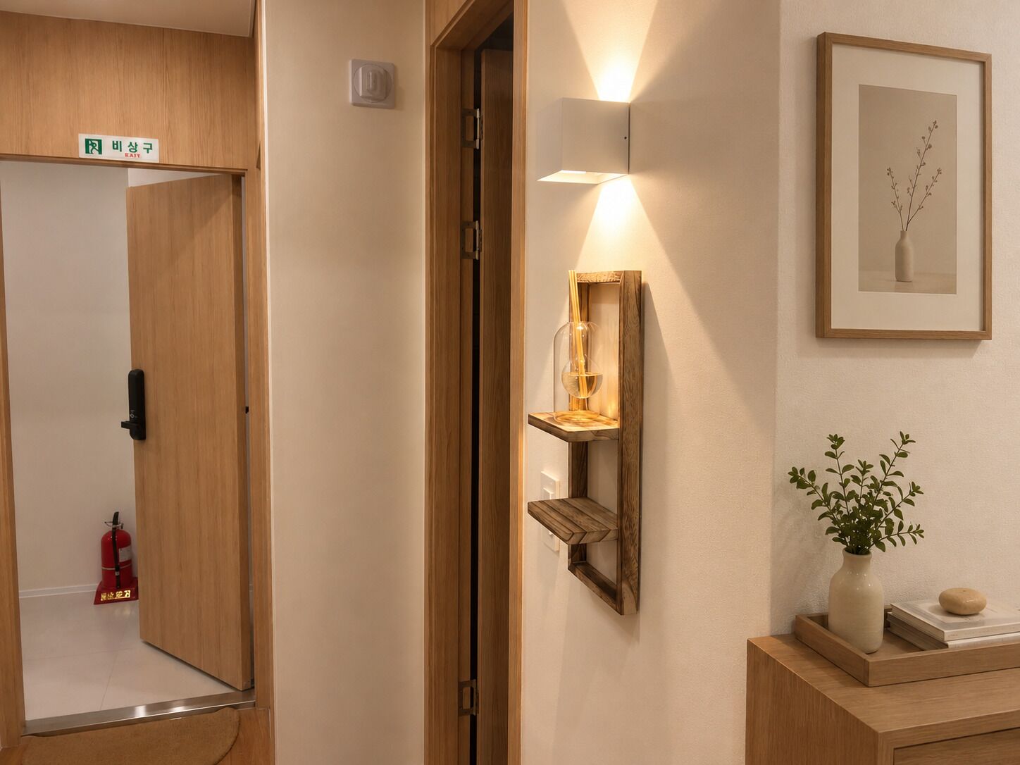 Een hal met een houten deur, een wandlamp, een lijst met afbeelding en een kleine plant op een houten tafeltje.