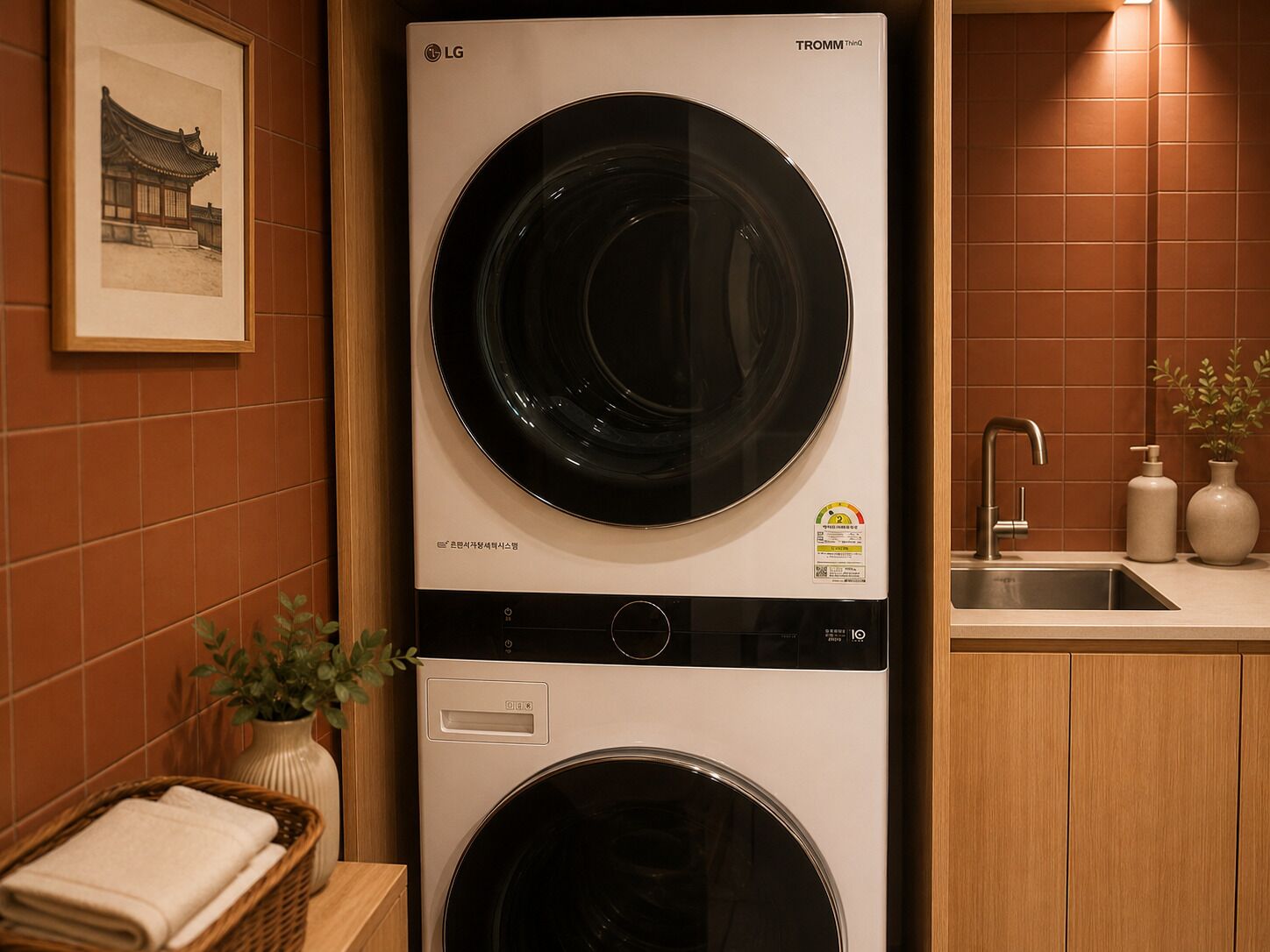 A laundry room with a stacked washer and dryer, a sink, and a framed picture on the wall.