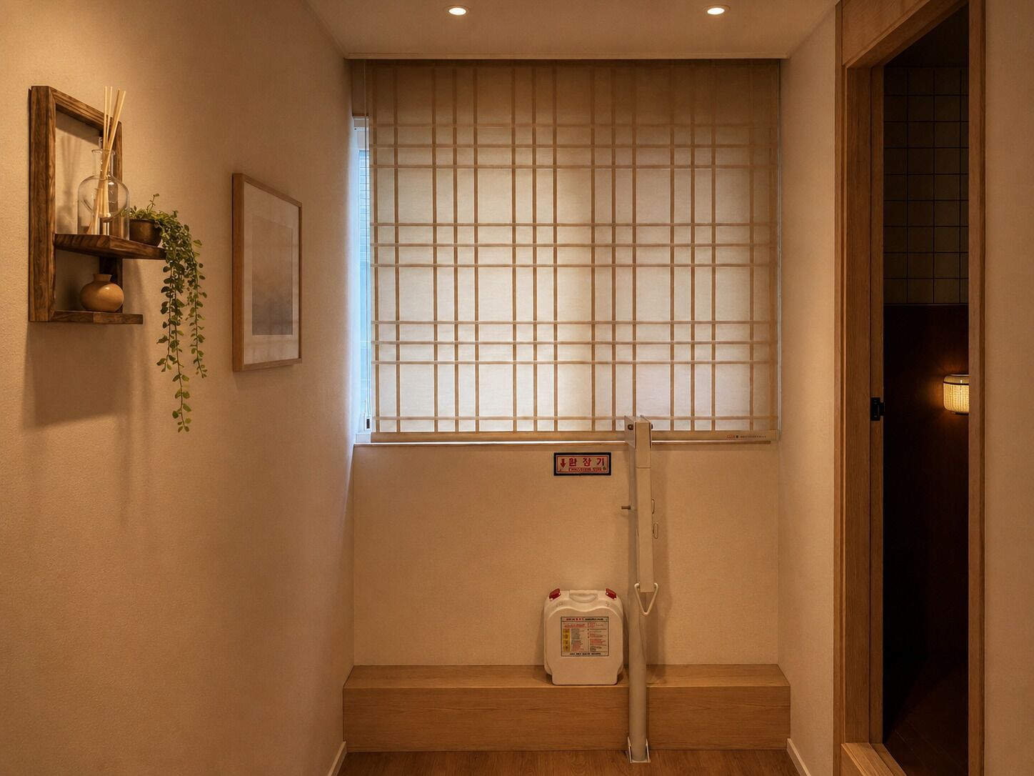 Un couloir avec un banc en bois, une fenêtre à carreaux, une petite étagère avec un vase et une plante, et un panneau accroché au mur.