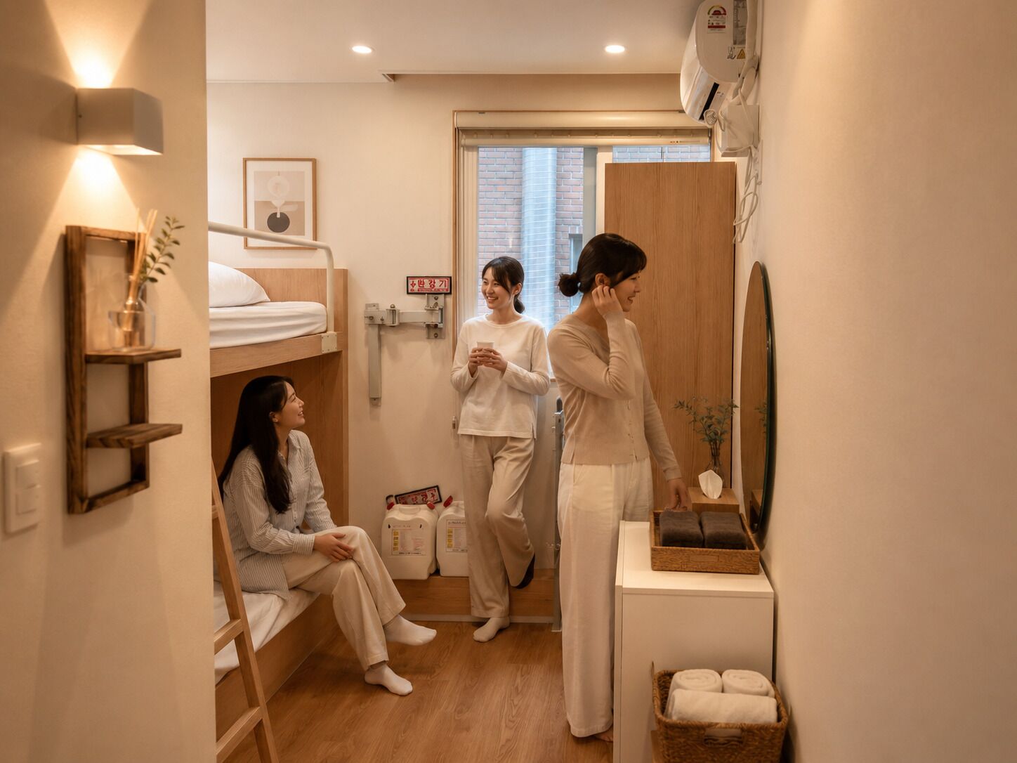 Une chambre d’hôtel avec un lit superposé, une table de chevet ornée d’un vase, une armoire en bois et un miroir.