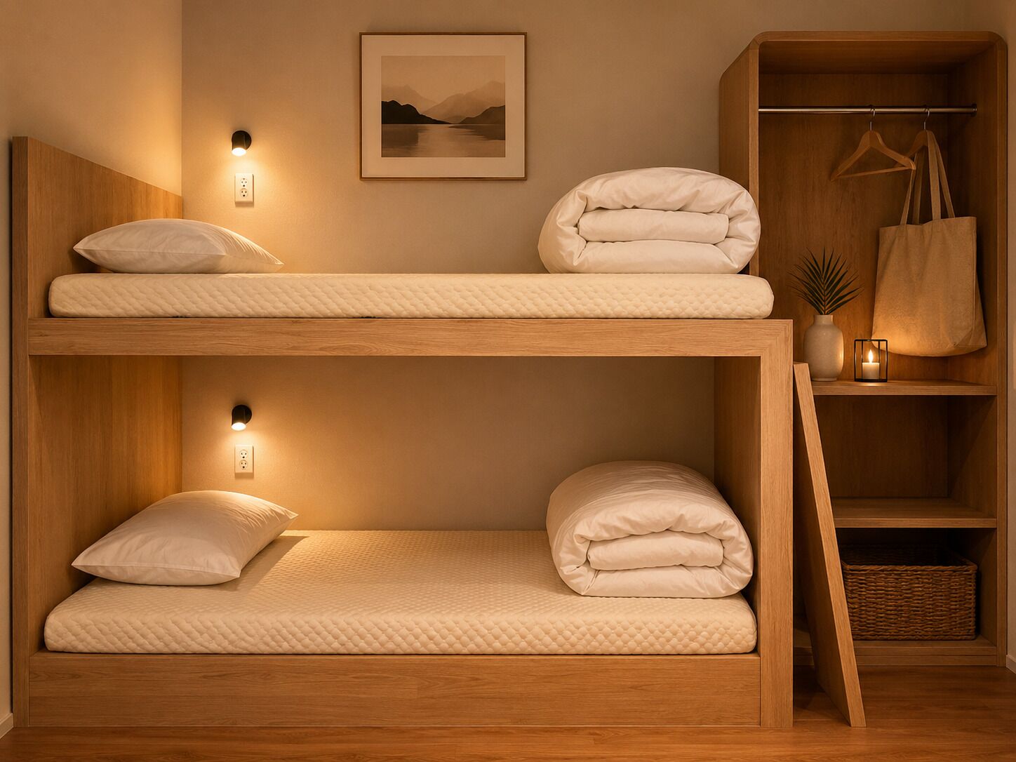 A bunk bed with a wooden headboard, a bedside table with a lamp, a framed picture on the wall, and a wooden wardrobe with a hanging bag.