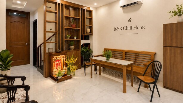 A modern kitchen with a wooden cabinet, a dining table with chairs, and a wall-mounted air conditioning unit. - B&B Chill Home (Ho Chi Minh City)