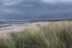 Ein Strand mit Sand und Gras, bewölkter Himmel und eine entfernte Küste.