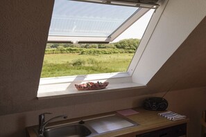 A skylight window with a view of a green field, a kitchen sink, a radio, and a small dish on the window sill. - Holiday apartment with 2 bedrooms (Nordseebad Borkum)
