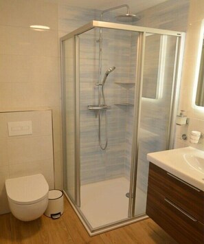 A bathroom with a glass-enclosed shower, a toilet, a sink, and a mirror. - Holiday home with 2 bedrooms (Insel Hiddensee\/Vitte)