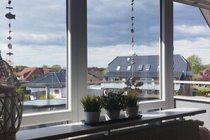 Ein Fenster mit Blumentöpfen, einer Heizung und Blick auf Häuser.