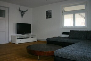 A modern living room with a television, a bull skull decoration, a round coffee table, a grey sofa, and a window with a view. - Holiday home with 2 bedrooms (Neuhausen)