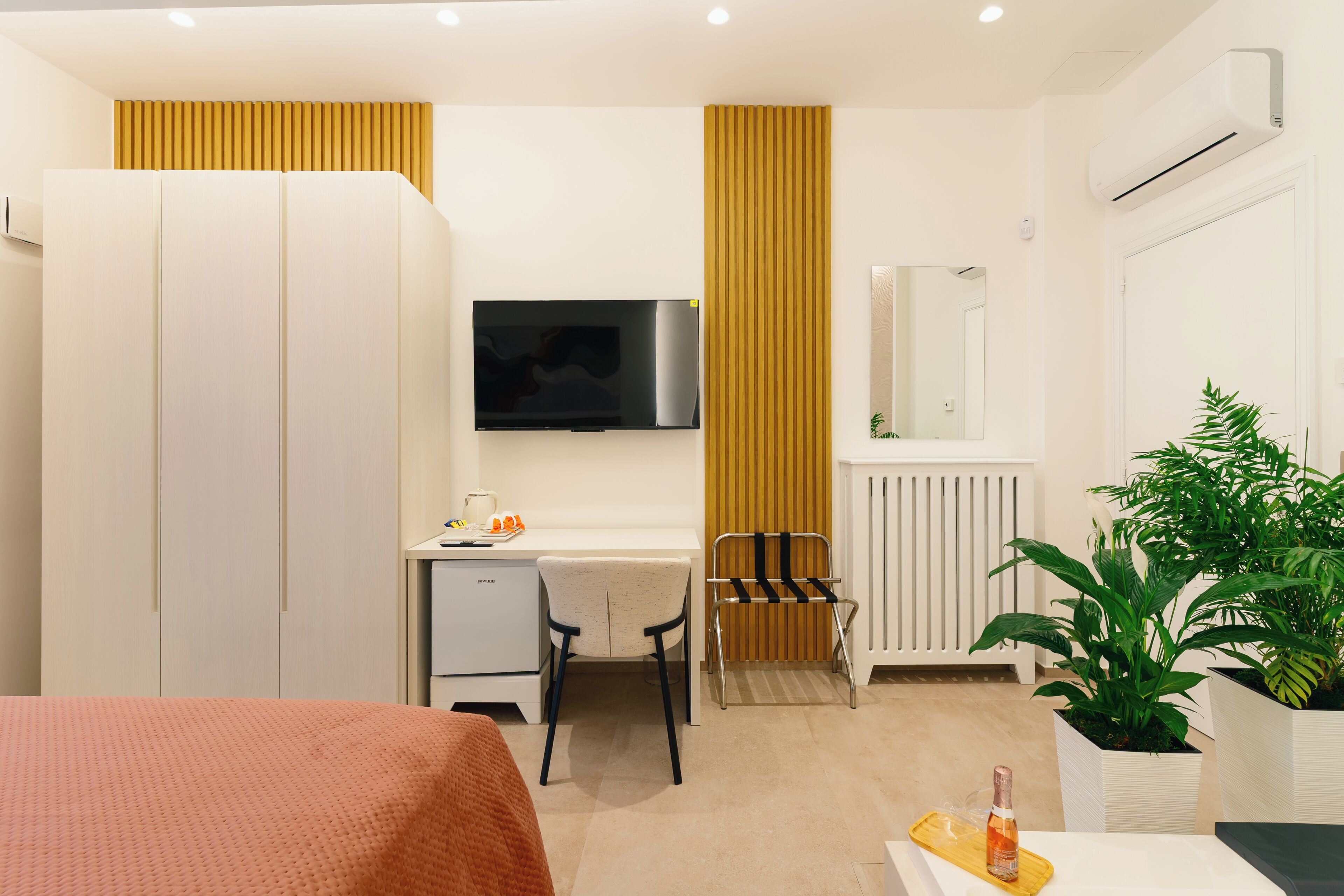 Una habitación de hotel moderna con cama, escritorio, silla, televisión, radiador, plantas en macetas y una botella en la mesita de noche.