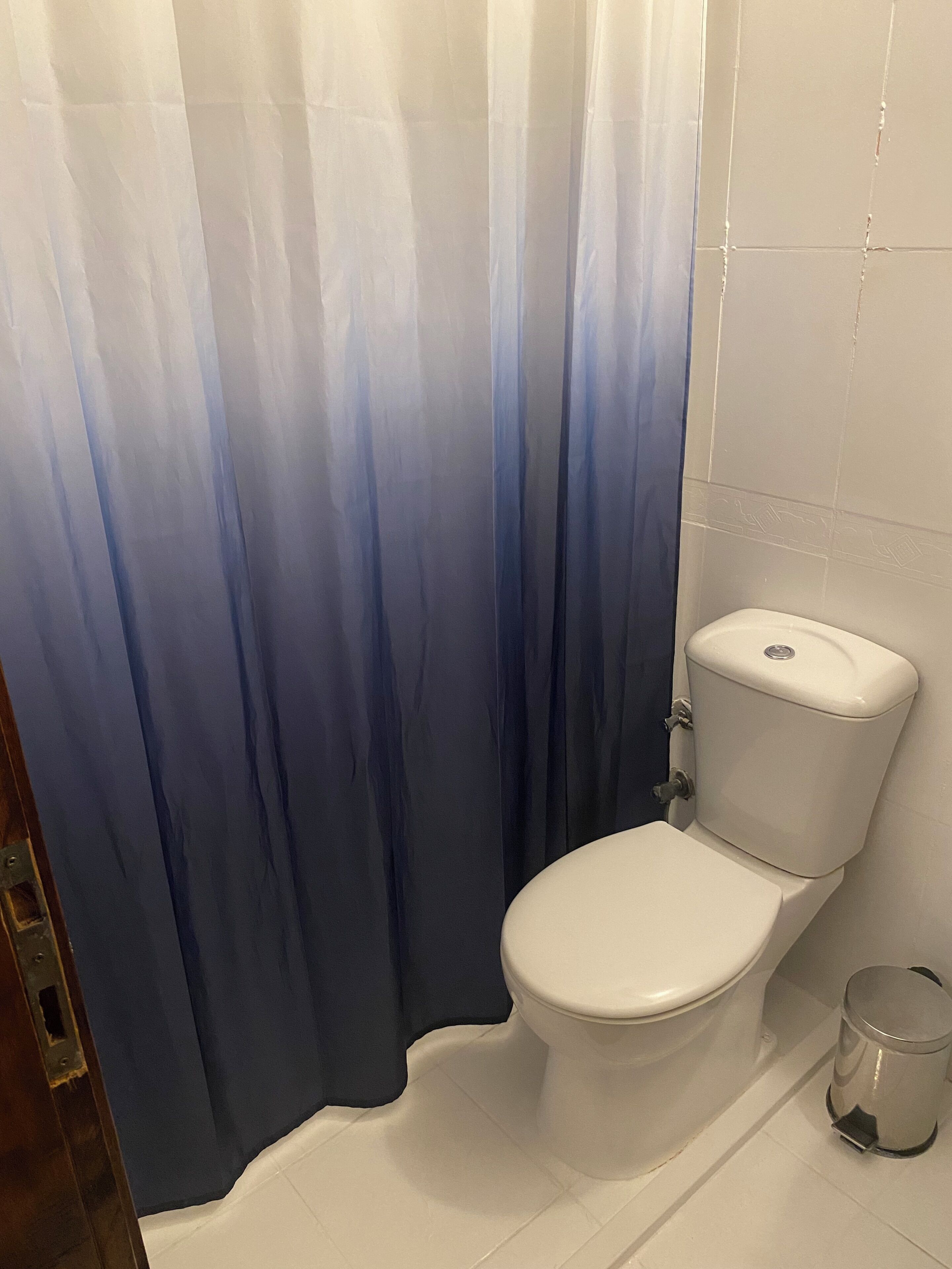 A bathroom with a toilet, a trash can, and a blue gradient shower curtain.