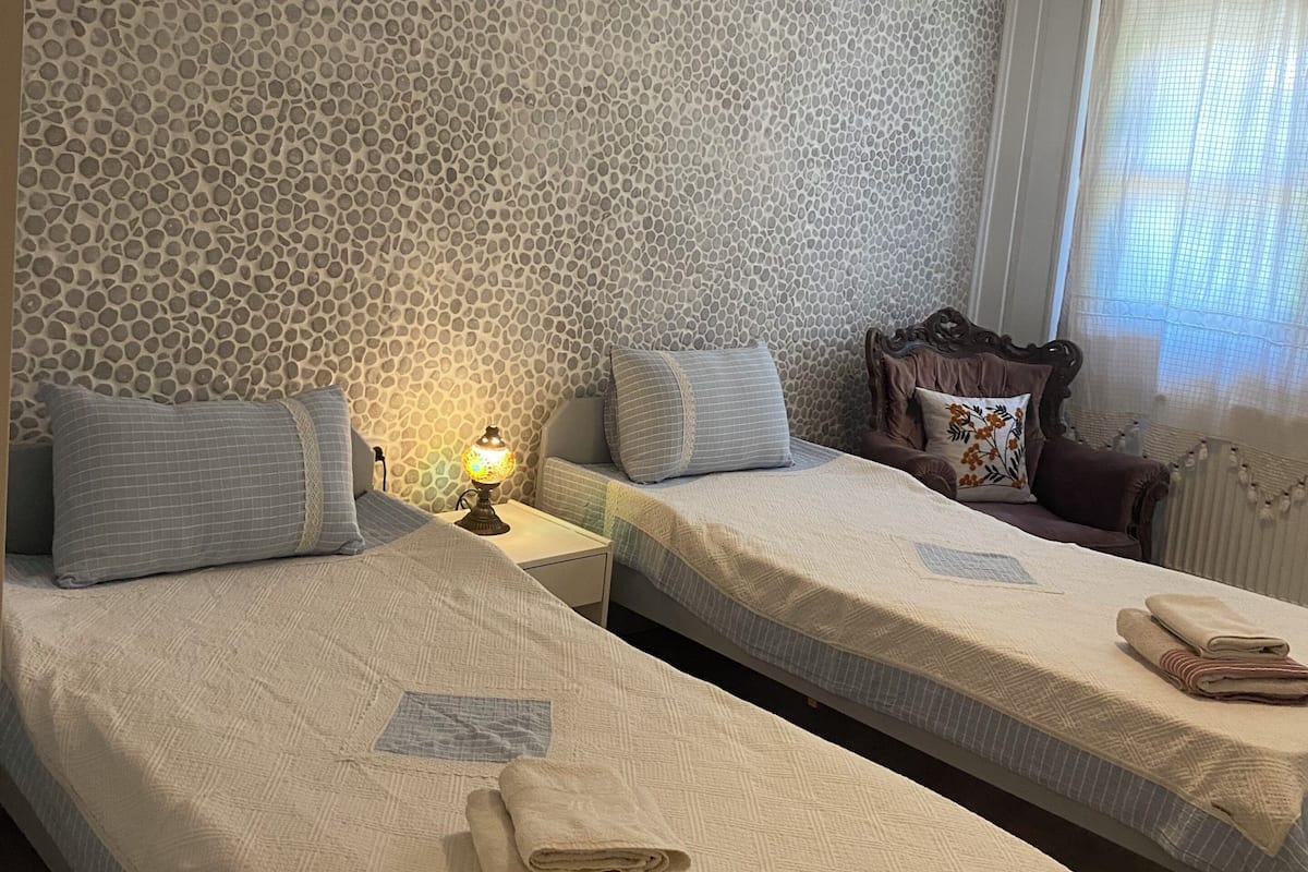A room with two beds, a nightstand with a lamp, a radiator, and a window with curtains.