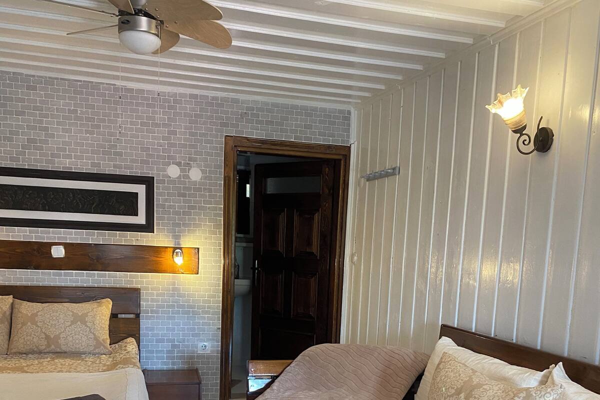Una habitación de hotel con dos camas, un ventilador de techo, una obra de arte enmarcada en la pared y una puerta de madera.