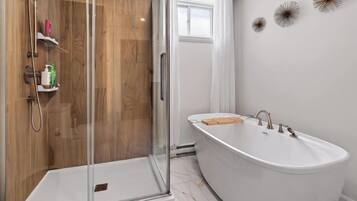 Shower, hair dryer, towels, shampoo