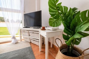 Ein Zimmer mit Fernseher auf einem weißen Schrank, einer großen grünen Pflanze und einem Korbwäschekorb.