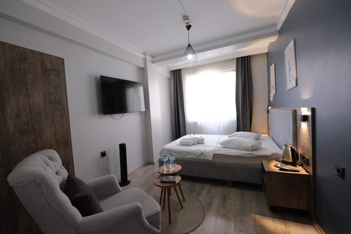 Habitación de hotel con cama, televisión, silla, mesita de noche y ventana con cortinas.