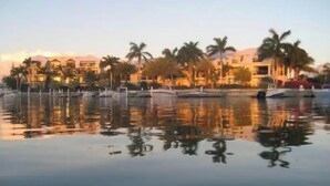 A waterfront hotel with a pool reflecting the buildings and palm trees.
