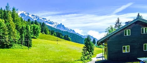A house with a modern design, a driveway, and a mountain backdrop.