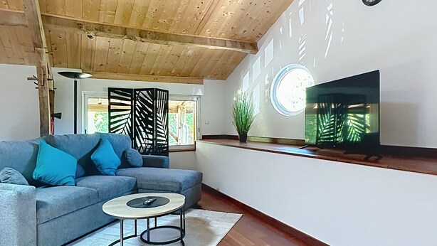 A living room with a wooden ceiling, a grey sofa, a coffee table, a TV on a stand, and a window with a view of greenery. - Large 40 M2 studio ideal for curists at the Eugénie les Bains thermal baths (Bahus-Soubiran)