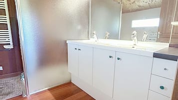 Shower, towels, toilet paper