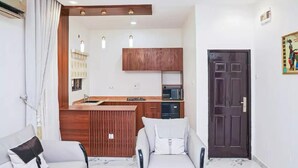 Een ruimtelijk ingerichte woonruimte met kitchenette, twee stoelen, een donkere deur en een plafondlamp.