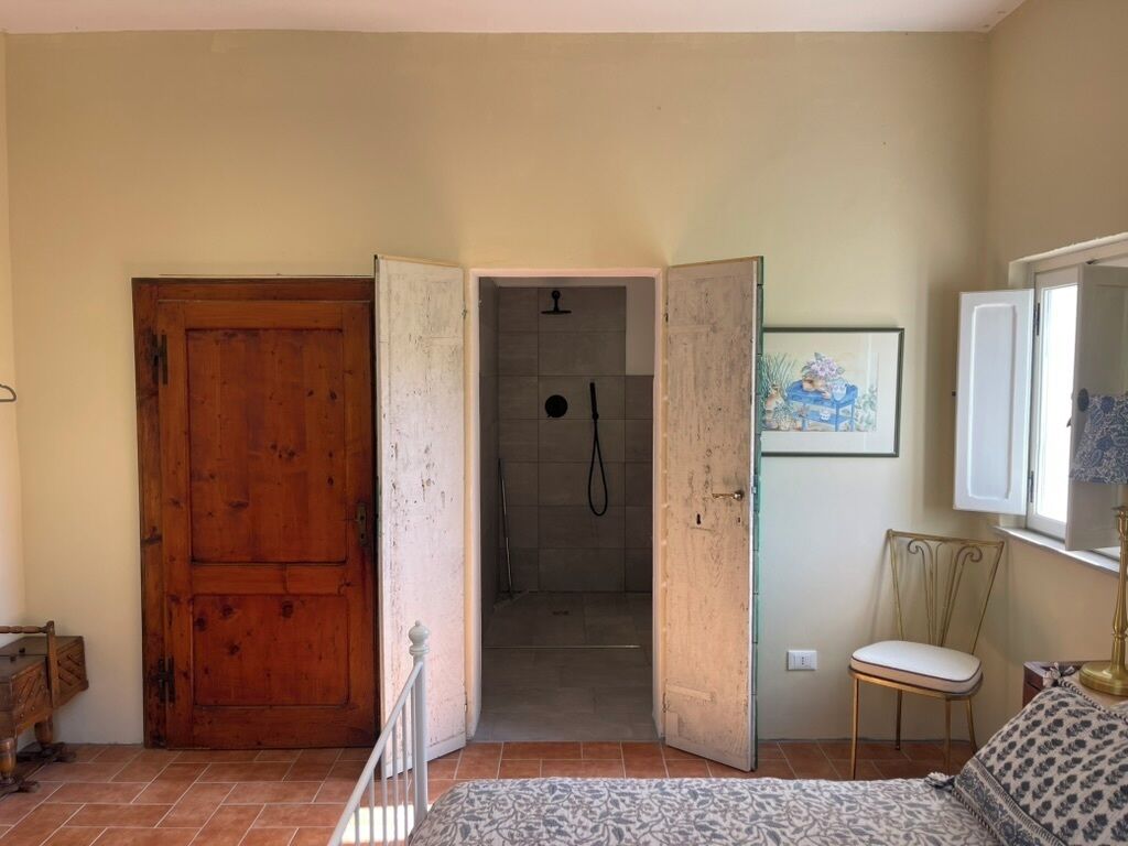 A room with a wooden door, a shower area, a chair, and a bed.
