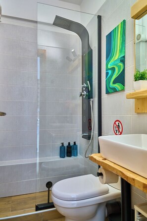 Shower, hair dryer, towels, soap